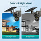 Dual-lens security camera with solar panel, gray mounting bracket, and two lens modules