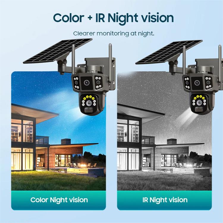 Dual-lens security camera with solar panel, gray mounting bracket, and two lens modules