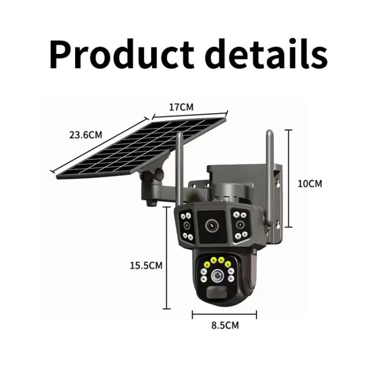 Solar wireless surveillance camera diagram: dual-lens black unit with antenna and solar panel.