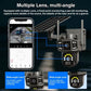 Panoramic dual-lens security camera with tilting-style mount, solar panel, and twin lens blocks