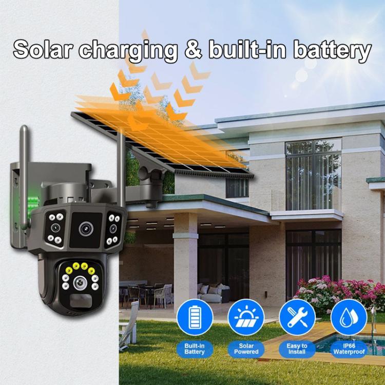 Outdoor security camera with solar panel and dual-lens head, built-in battery style housing