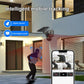 Wireless outdoor security camera with solar panel and dual-lens face on a wall mount