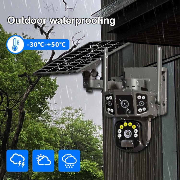 Outdoor waterproof dual-lens security camera with solar panel and black-and-gray wall mount