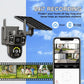 Dual-lens wireless security camera with solar panel, gray mounting arm, and lens array
