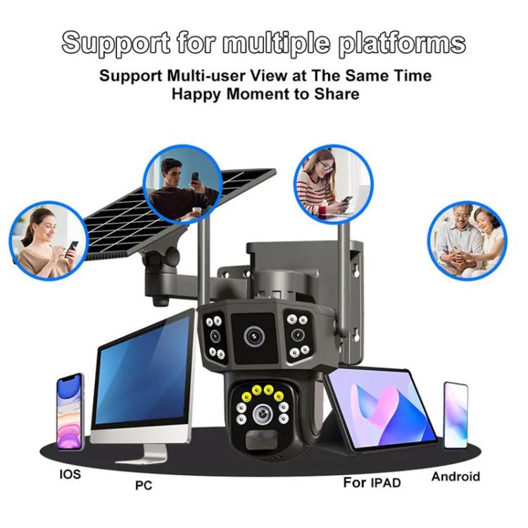 Dual-lens wireless security camera with solar panel and multi-device viewing support