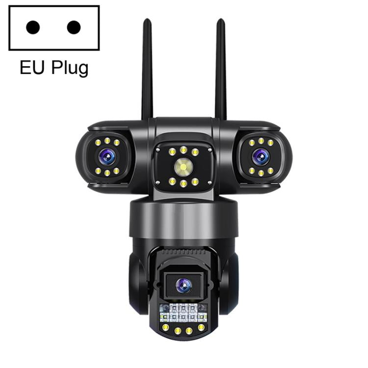 Wireless triple-lens panoramic security camera with EU plug, black turret design