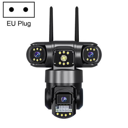 Wireless triple-lens panoramic security camera with EU plug, black turret design