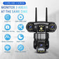 Wireless triple-lens panoramic security camera, front view with three lens modules and LEDs