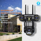 Wireless triple-lens panoramic security camera with weatherproof housing, front turret view