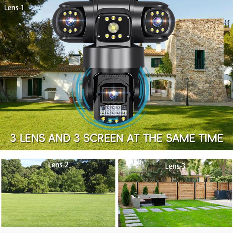 Wireless triple-lens panoramic security camera outdoors, front view with three lens faces