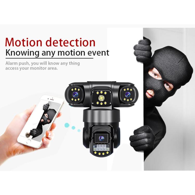 Wireless triple-lens panoramic security camera with front three-lens array and status LEDs