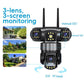 Wireless triple-lens panoramic security camera with PT head, front three-lens view