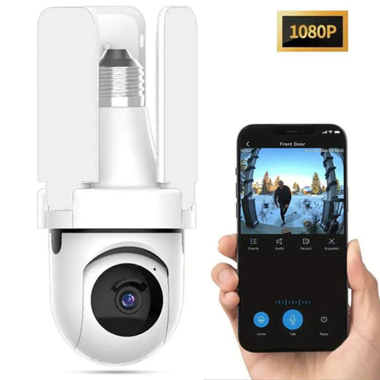 White bulb-style WiFi surveillance camera with security lens and hinged cover