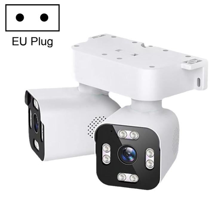 Dual-lens WiFi security camera, white body, with EU plug