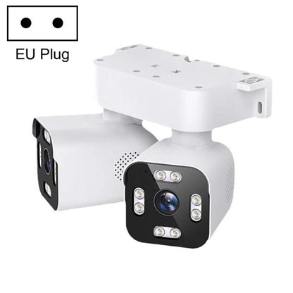 Dual-lens WiFi security camera, white body, with EU plug