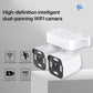 Dual-lens WiFi security camera with rotating pan mount and two lens modules