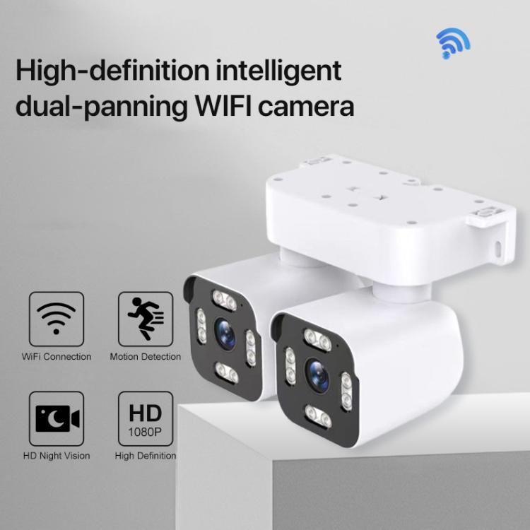 Dual-lens WiFi security camera with rotating pan mount and two lens modules
