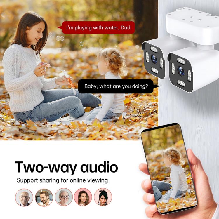White dual-lens WiFi camera and phone view, two-way audio and outdoor activity