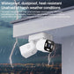 White dual-lens outdoor security camera with rain and lightning weather protection
