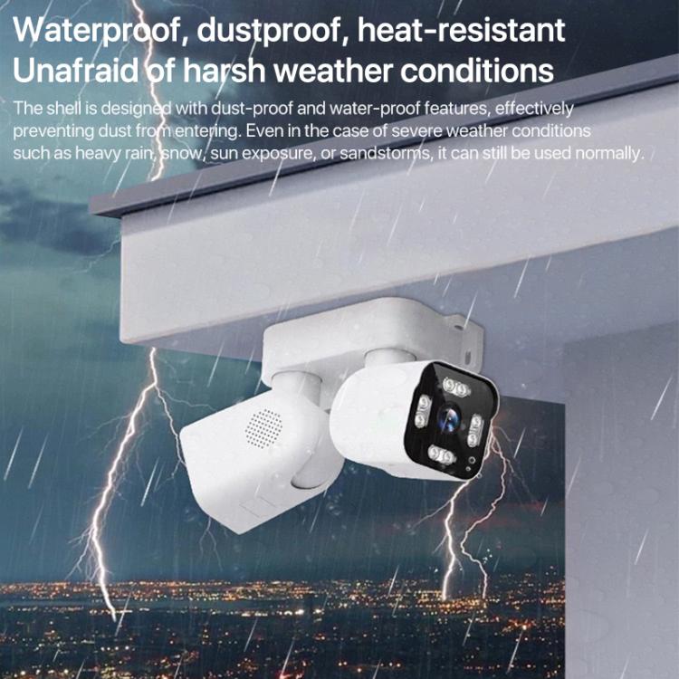 White dual-lens outdoor security camera with rain and lightning weather protection