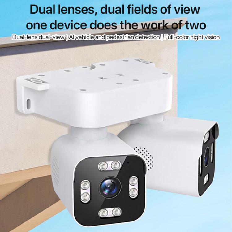 Dual-lens WiFi security camera with two lens views on a white wall mount