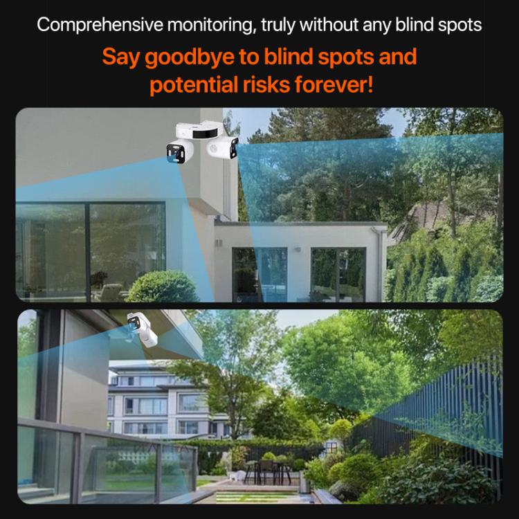 Dual-lens WiFi security camera installed outdoors on a building wall eave