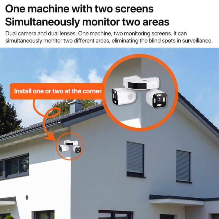 Dual-lens WiFi security camera installed on exterior corner wall with two units