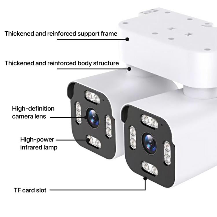 Dual-lens WiFi security camera close-up showing lenses, LED lights, and TF card slot