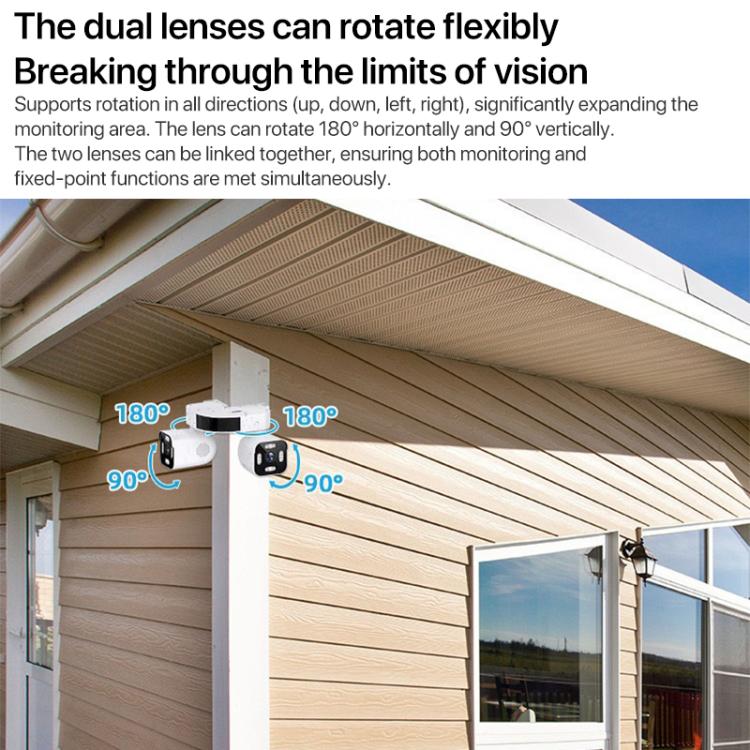 Dual-lens WiFi security camera with rotating lens directions, mounted on a column