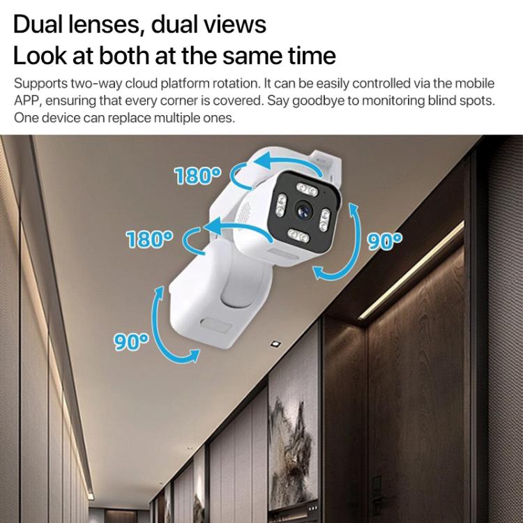 Dual-lens WiFi security camera on corner wall showing dual-view coverage angles