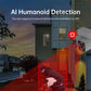 Dual-lens WiFi security camera with red alert overlay near a person