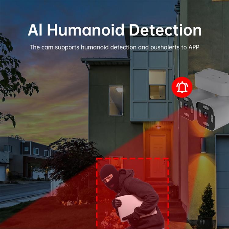 Dual-lens WiFi security camera with red alert overlay near a person