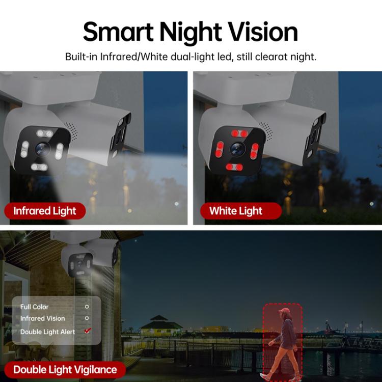 White dual-lens WiFi security camera with wall bracket, showing dual night-vision lights