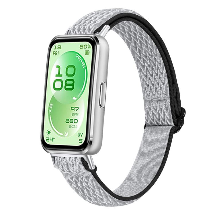 Light gray braided nylon watch band with black edging, shown on a smartwatch.