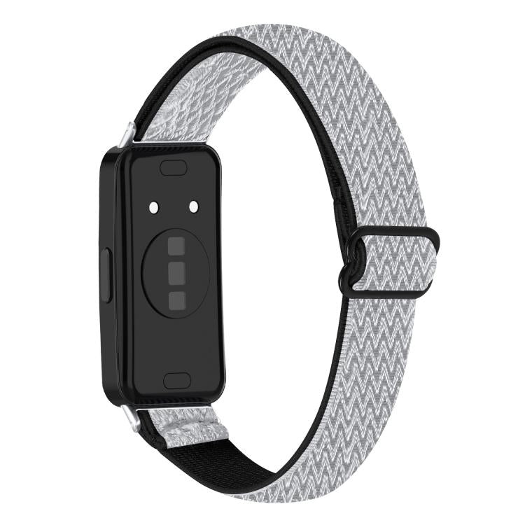 Light gray braided nylon watch band with black edging and adjustable loop, rear view.