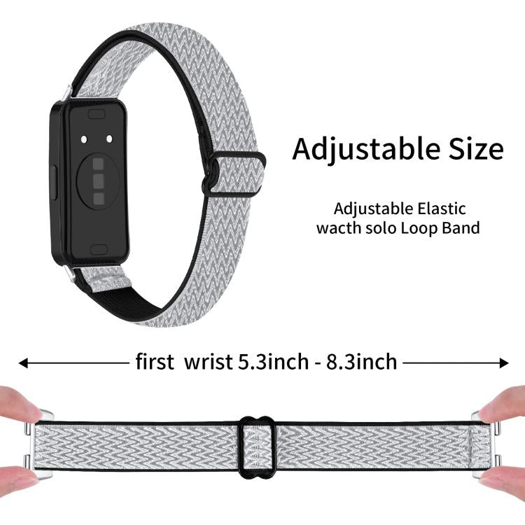 Light gray braided nylon watch band with adjustable loop, shown stretched to display its length.