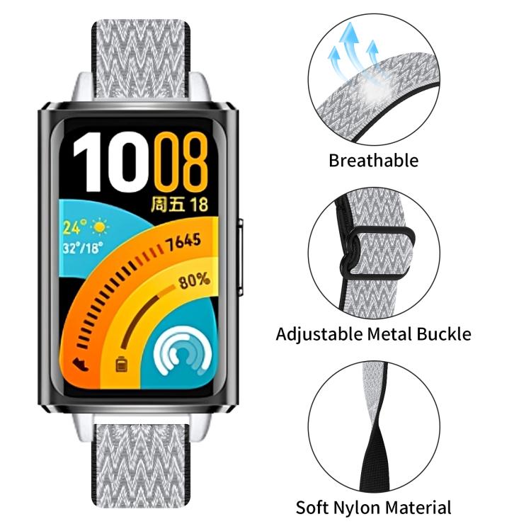 Light gray braided nylon watch band with adjustable metal buckle, shown on a smartwatch.