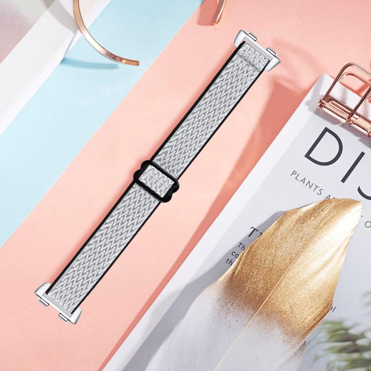 Braided nylon watch band in gray and black with metal connectors and a sliding buckle