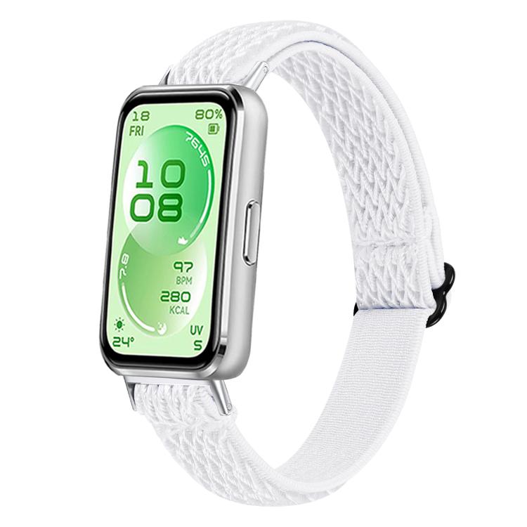 White braided nylon watch band fitted to a smartwatch, with a sliding buckle