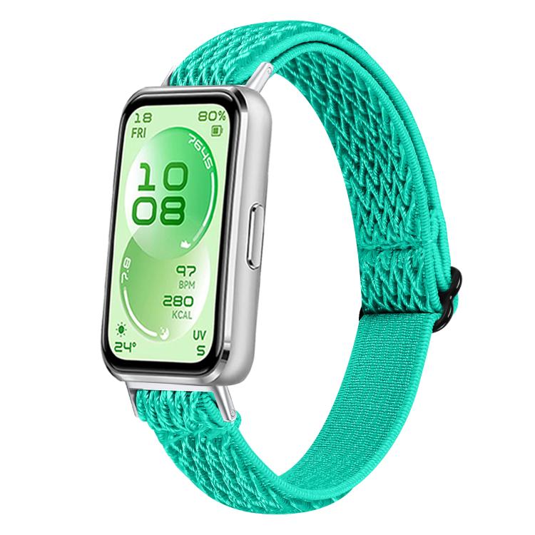 Teal braided nylon watch band fitted to a smartwatch, with a sliding buckle