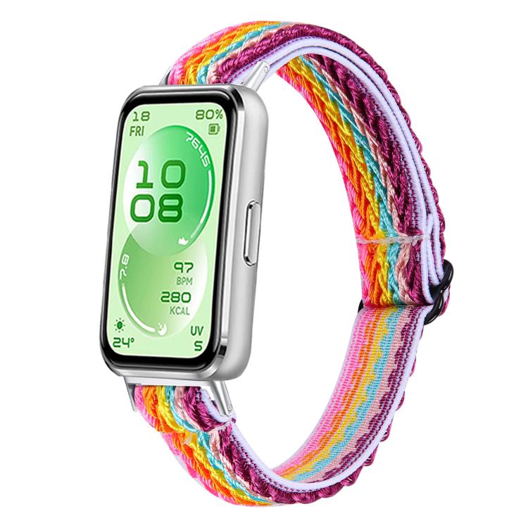 Multicolor braided nylon watch band with bright stripes, fitted to a smartwatch
