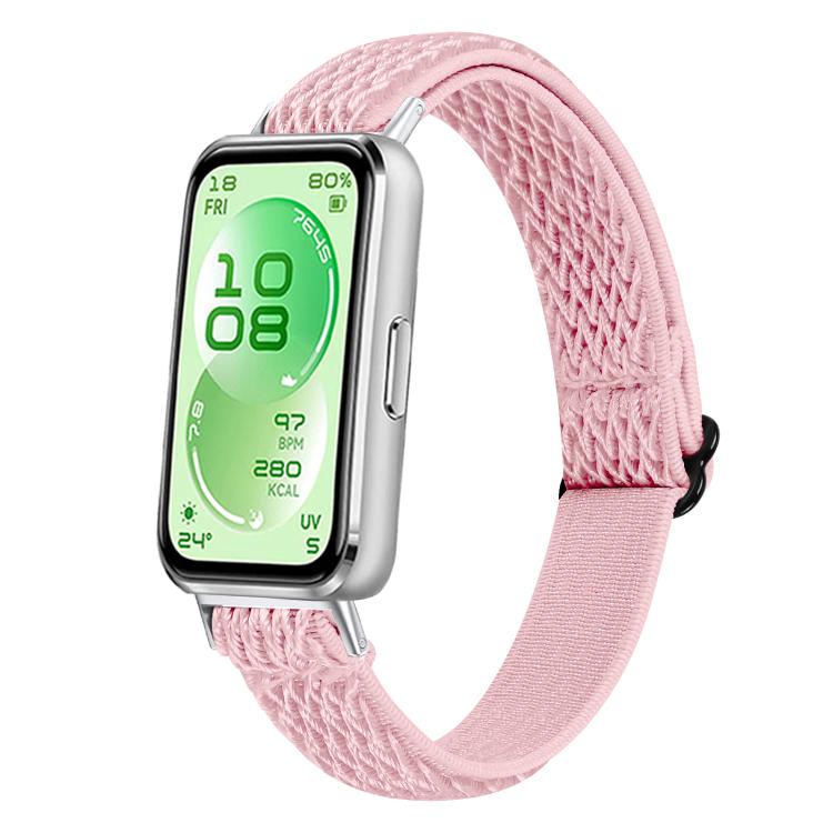 Pink braided nylon watch band fitted to a smartwatch, with a sliding buckle