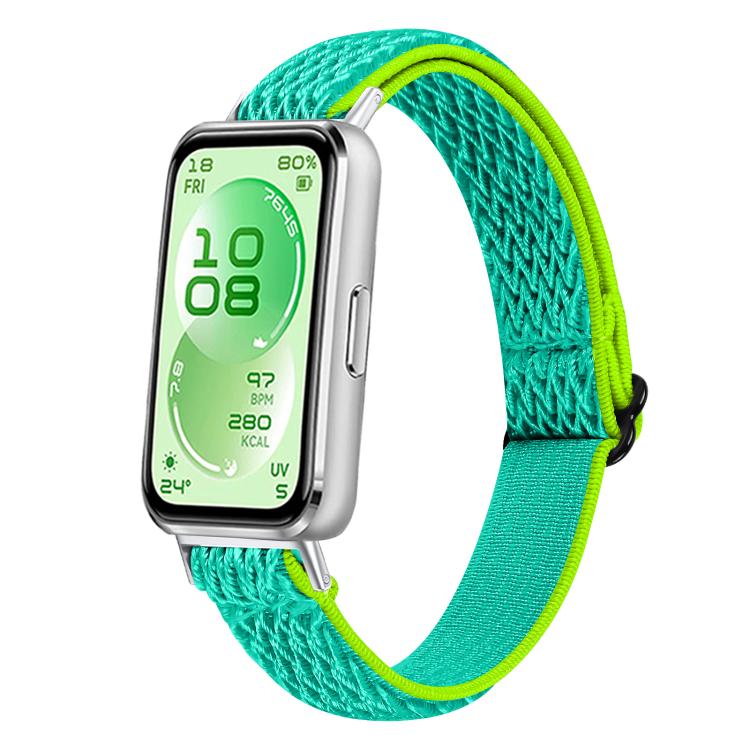 Teal braided nylon watch band with bright lime trim, fitted to a smartwatch