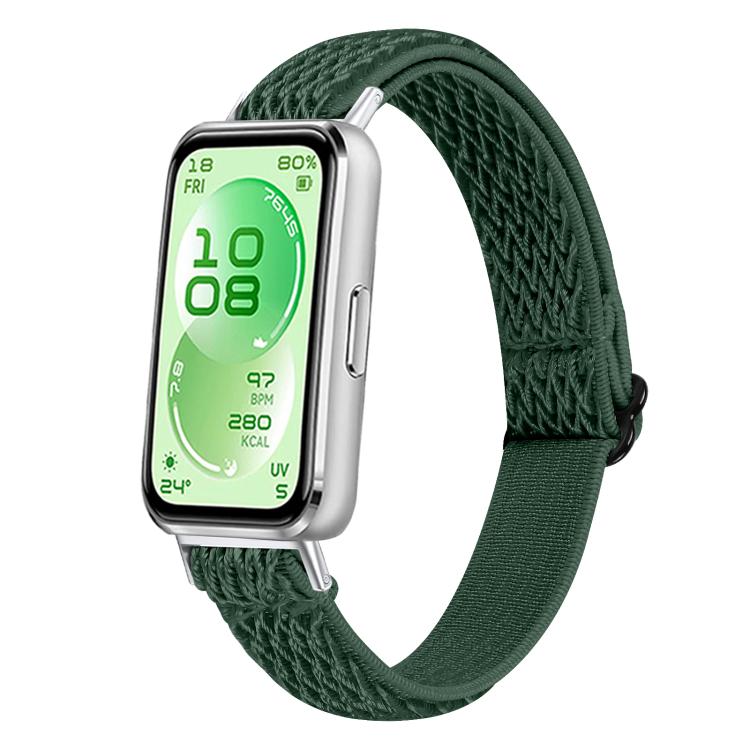 Dark green braided nylon watch band fitted to a smartwatch, with a sliding buckle