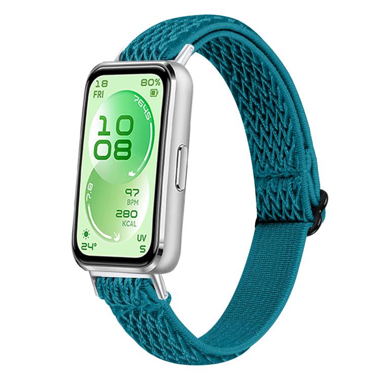 Teal braided nylon watch band with a solid matching adjustment section, shown on a smartwatch.