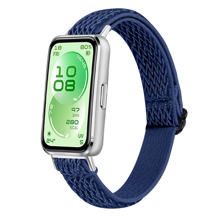Navy braided nylon watch band with a solid matching adjustment section, shown on a smartwatch.