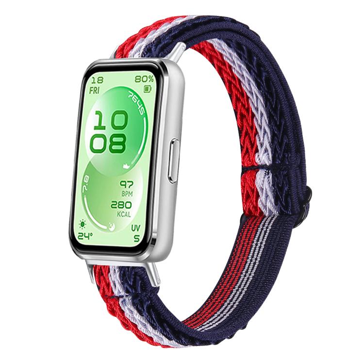 Navy braided nylon watch band with red and white wave accents, shown on a smartwatch.