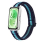 Braided nylon watch band in navy with aqua wave accents, shown on a smartwatch.