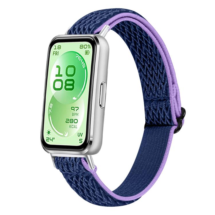 Navy braided nylon watch band with lavender edging, shown on a smartwatch.