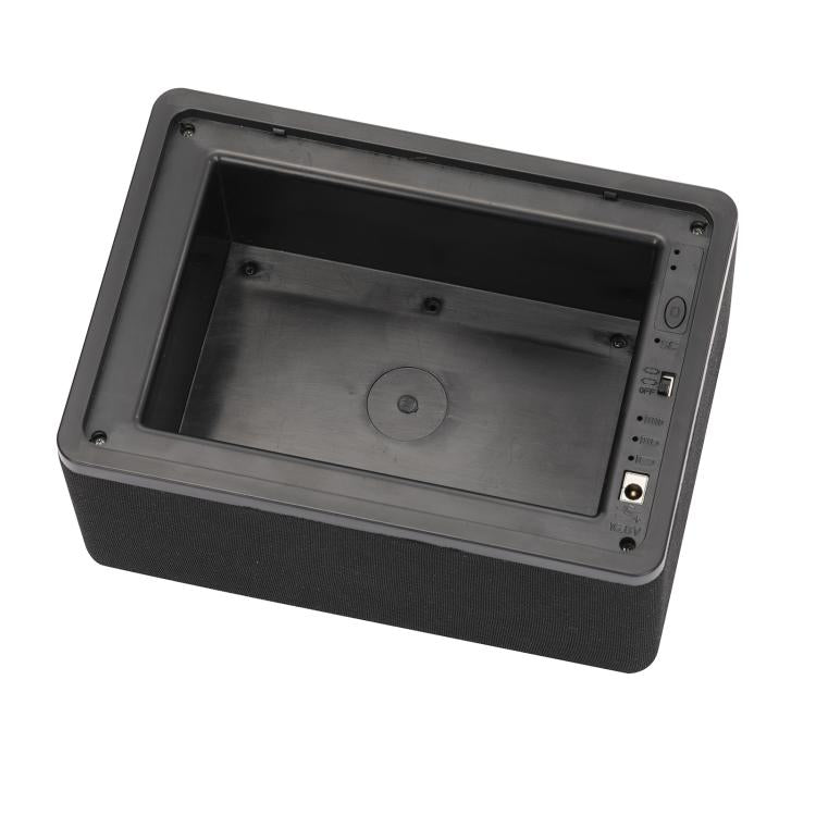 Black sound privacy device with open front panel showing internal components